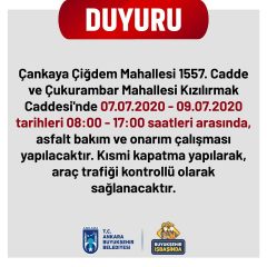 1557.Caddede 7-9 Temmuz tarihlerinde asfalt çalışması yapılacaktır.
