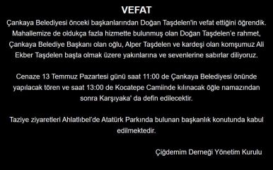 Vefat- Çankaya Belediyesi önceki başkanlarından Doğan Taşdelen’in vefat ettiğini öğrendik.
