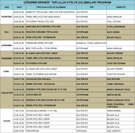 TOPLULUK/ATÖLYE ÇALIŞMALARI PROGRAM